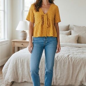 Tie-Front V-Neck Women's Top in Mustard